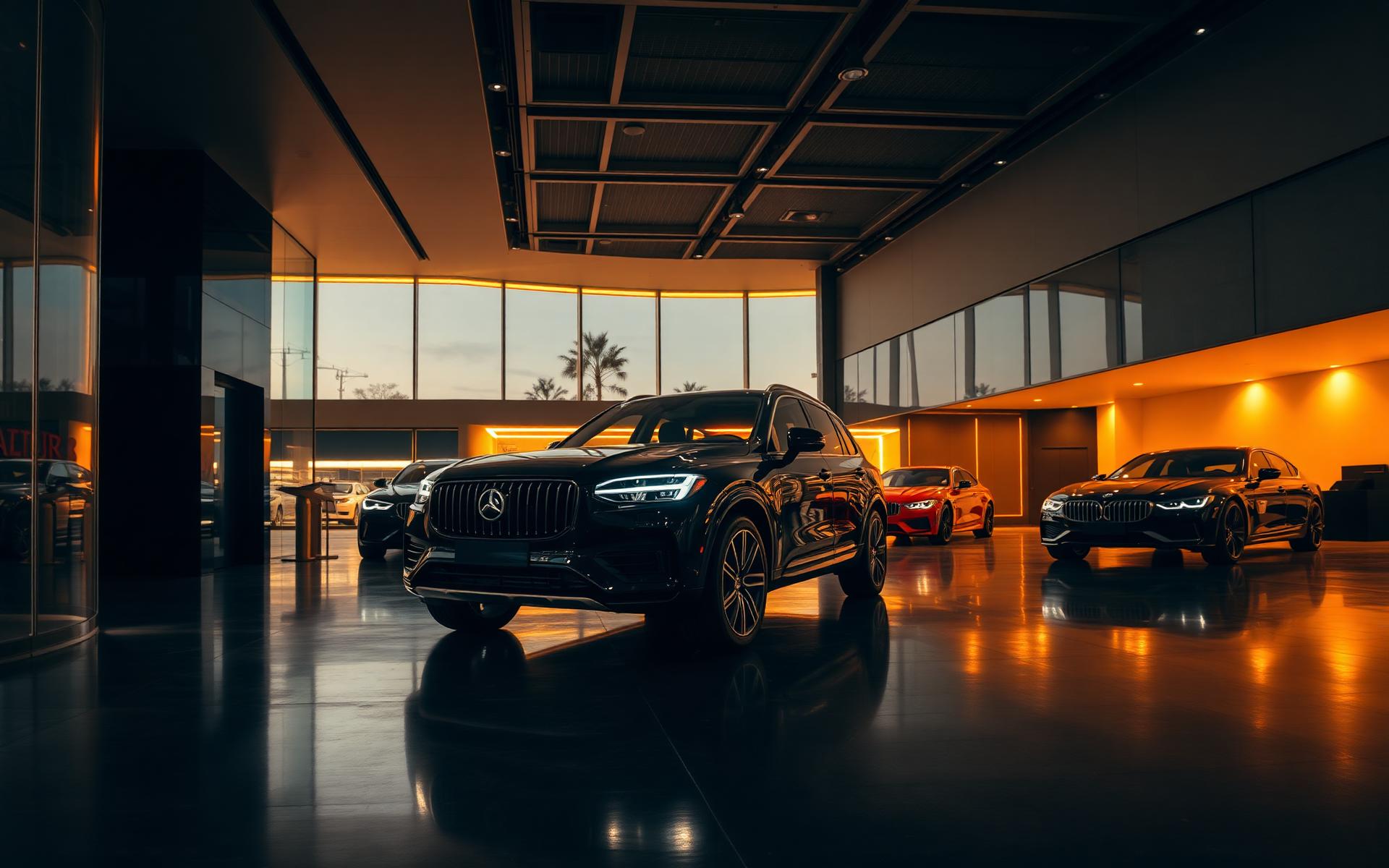 Modern dealership showroom at dusk